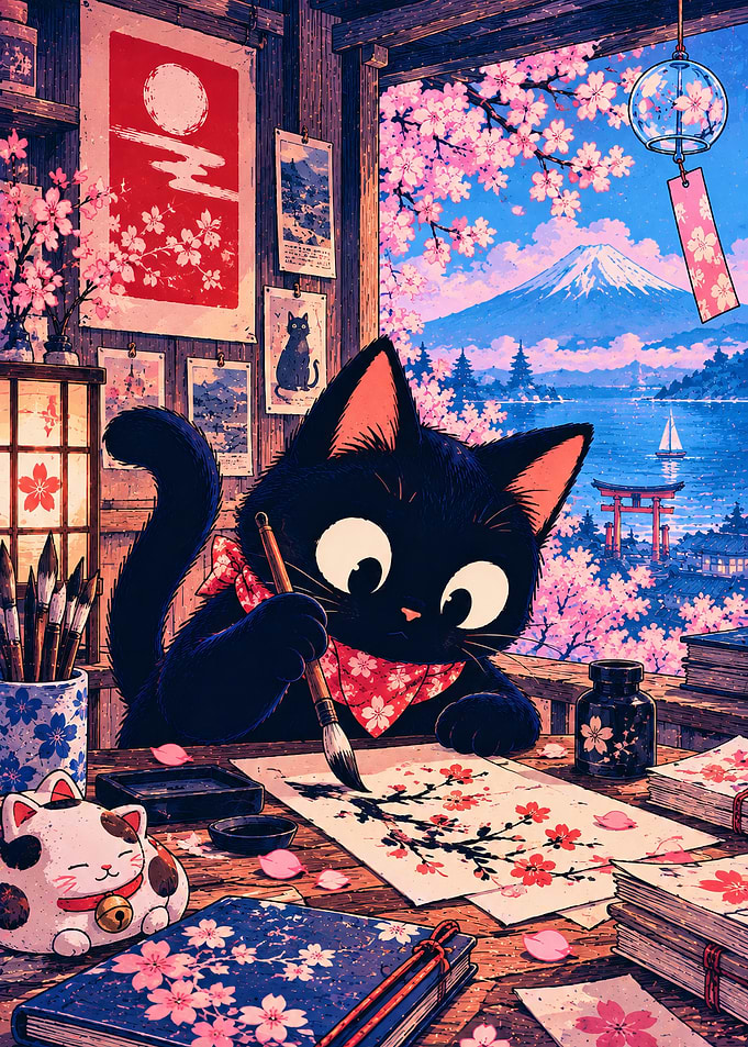 Black Cat Painting Cherry Blossoms