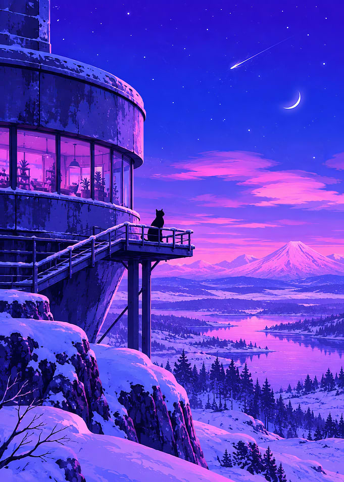 Cat Watching Sunset Over Snowy Mountains