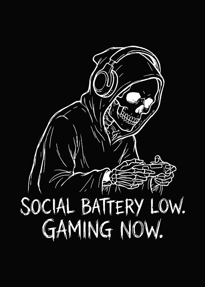Funny Skeleton Gamer Wall Art - 'Social Battery Low Gaming Now' Gaming Room Decor