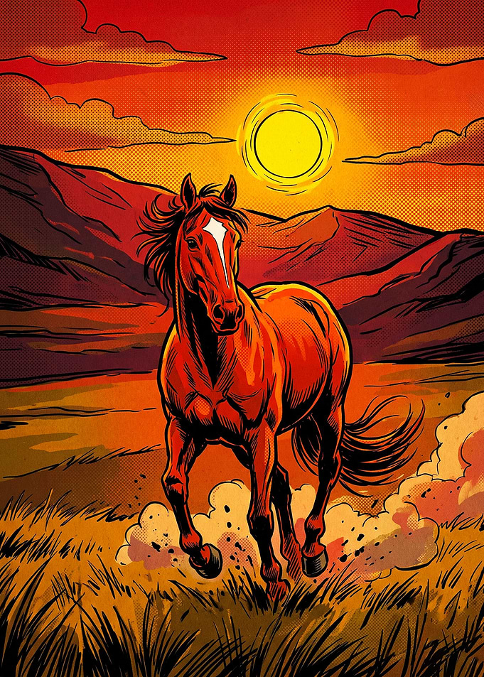 Wild Horse Sunset Retro Poster