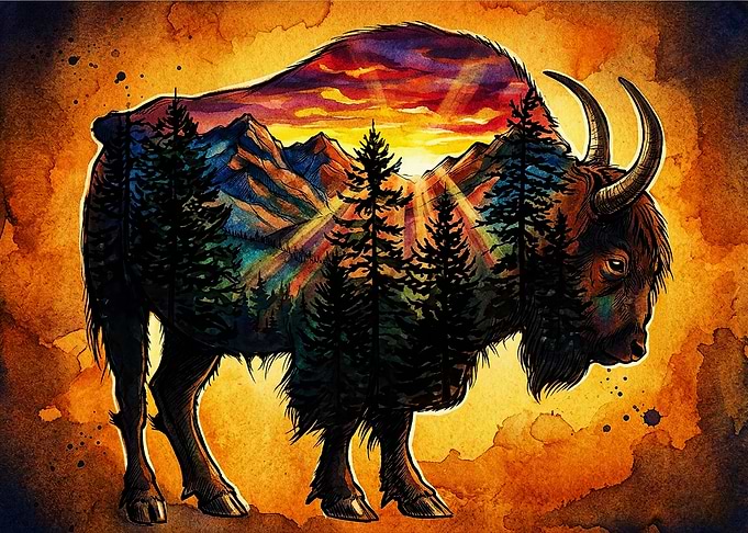 Double Exposure Bison Mountain Landscape