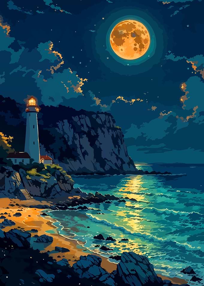 Lighthouse Under a Full Moon