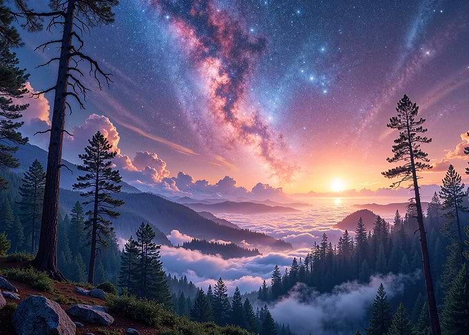 Milky Way Over Misty Mountain Forest