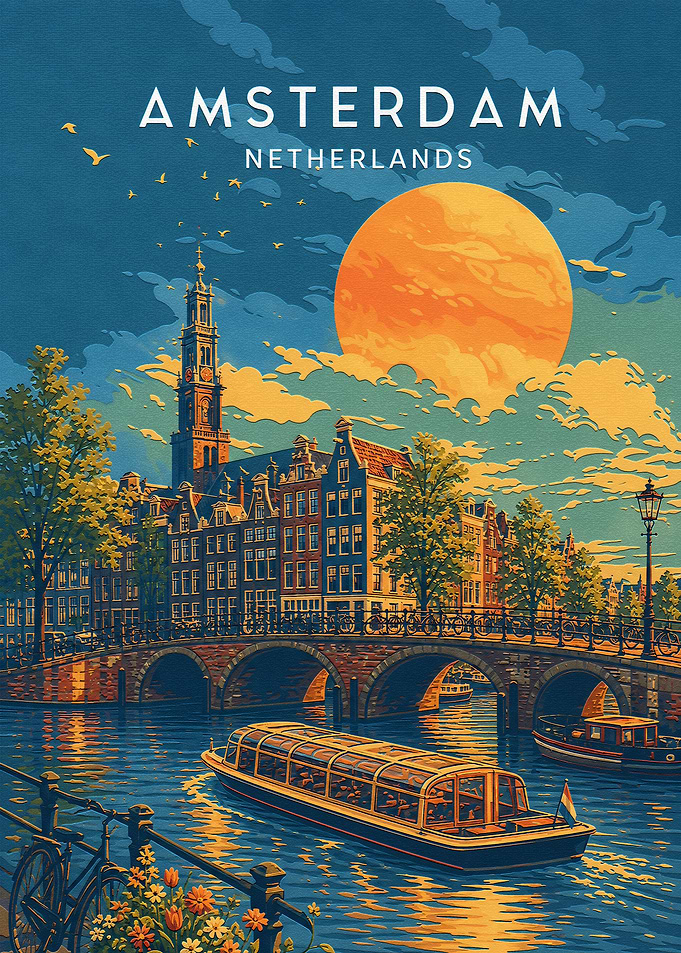 Amsterdam Canal Sunset Travel Poster