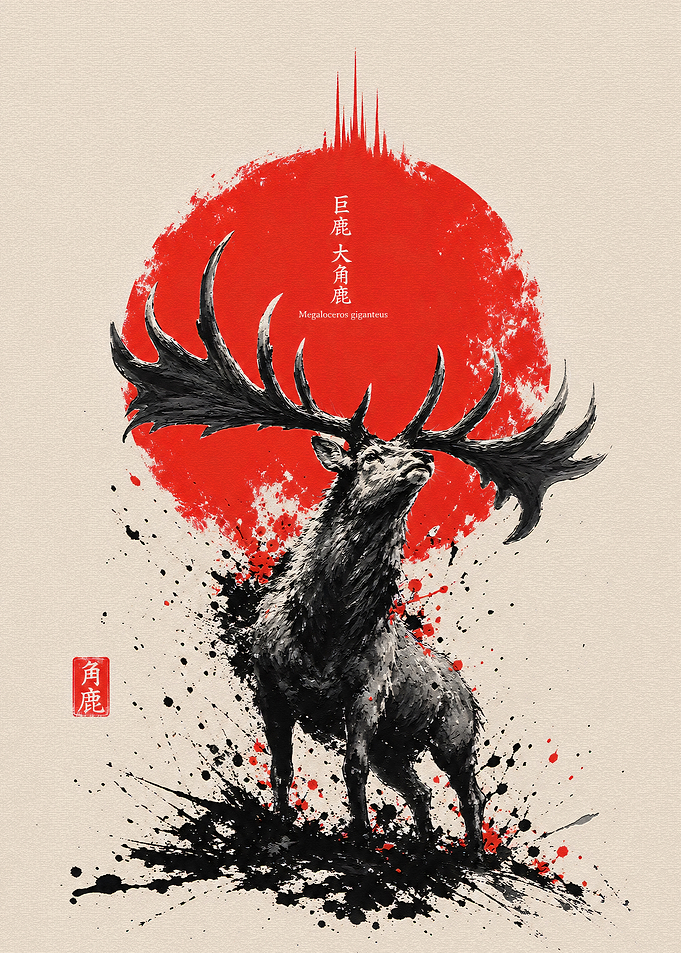 Megaloceros Giganteus Ink Wash Art