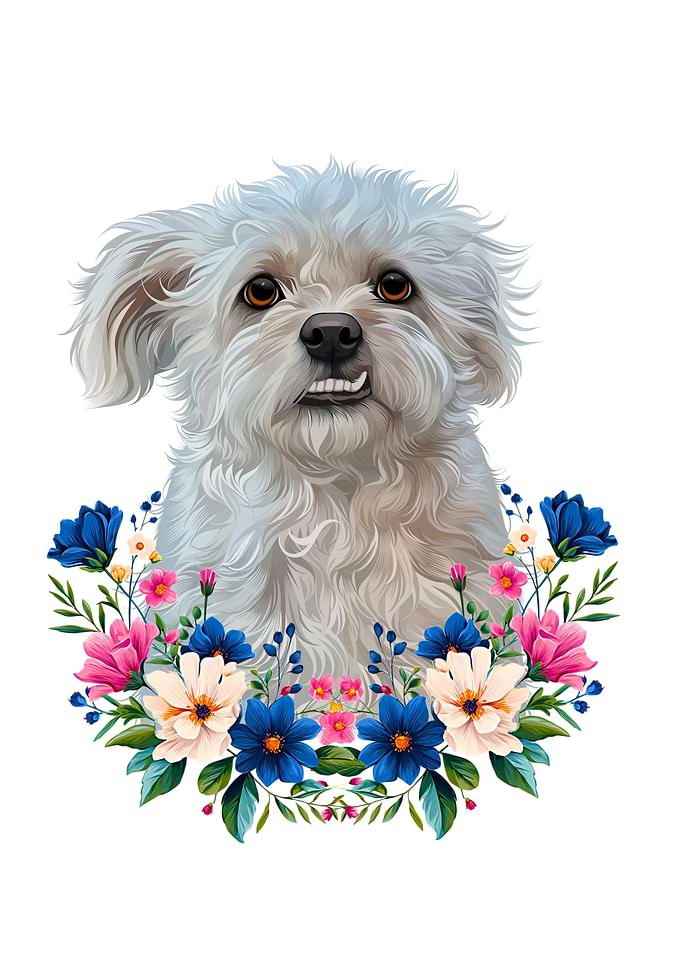 Cute Fluffy Dog with Floral Wreath