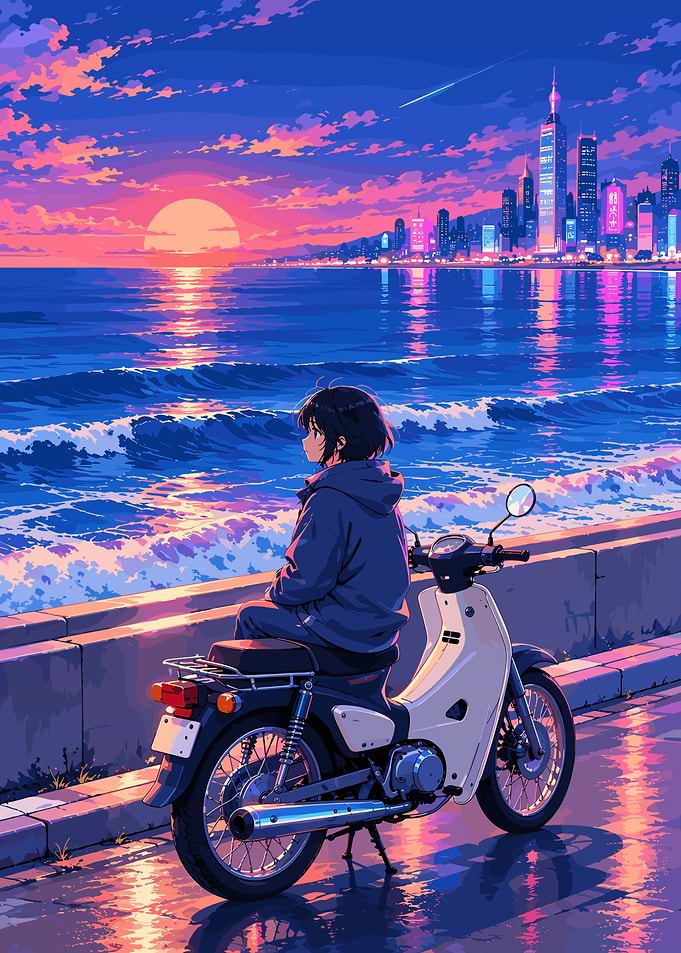 Anime Girl on Scooter at Sunset