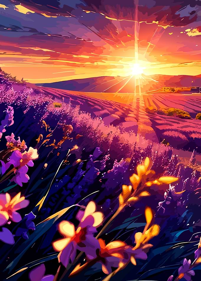 Vibrant Sunset Over Lavender Fields