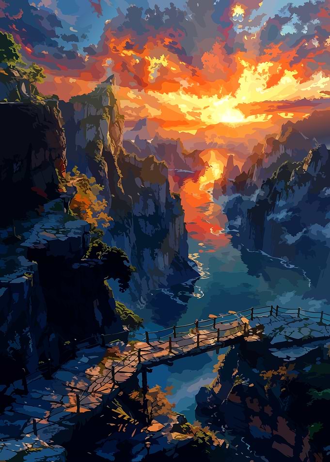 Sunset Over Mountainous River Gorge