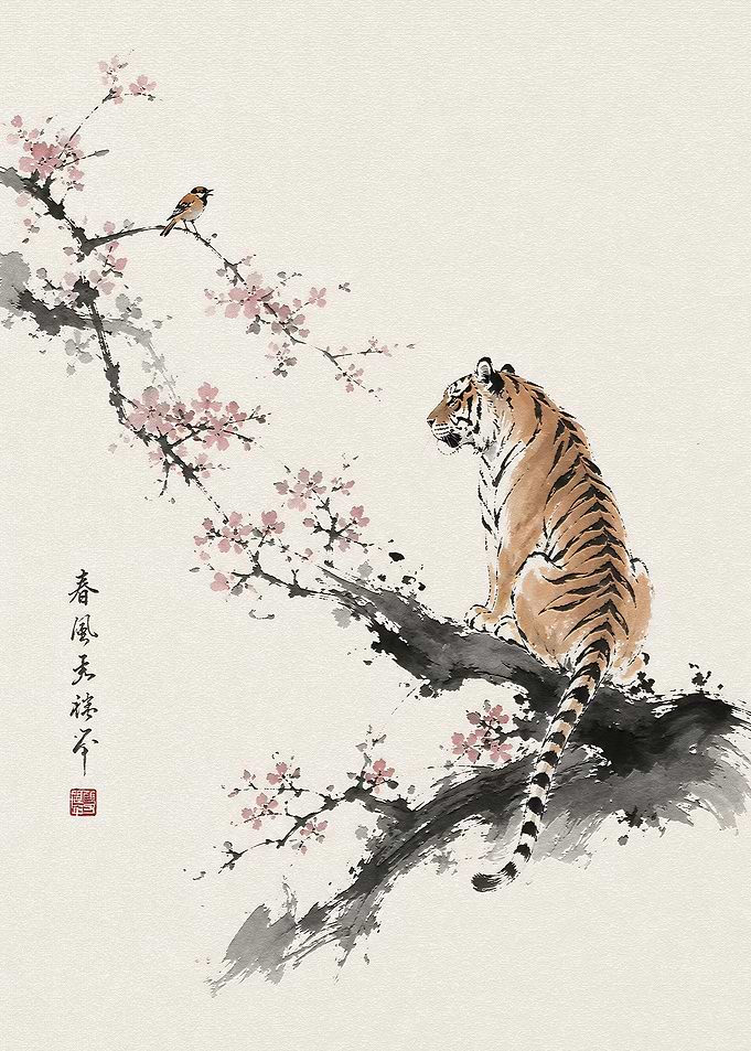 Tiger and Bird on Cherry Blossom