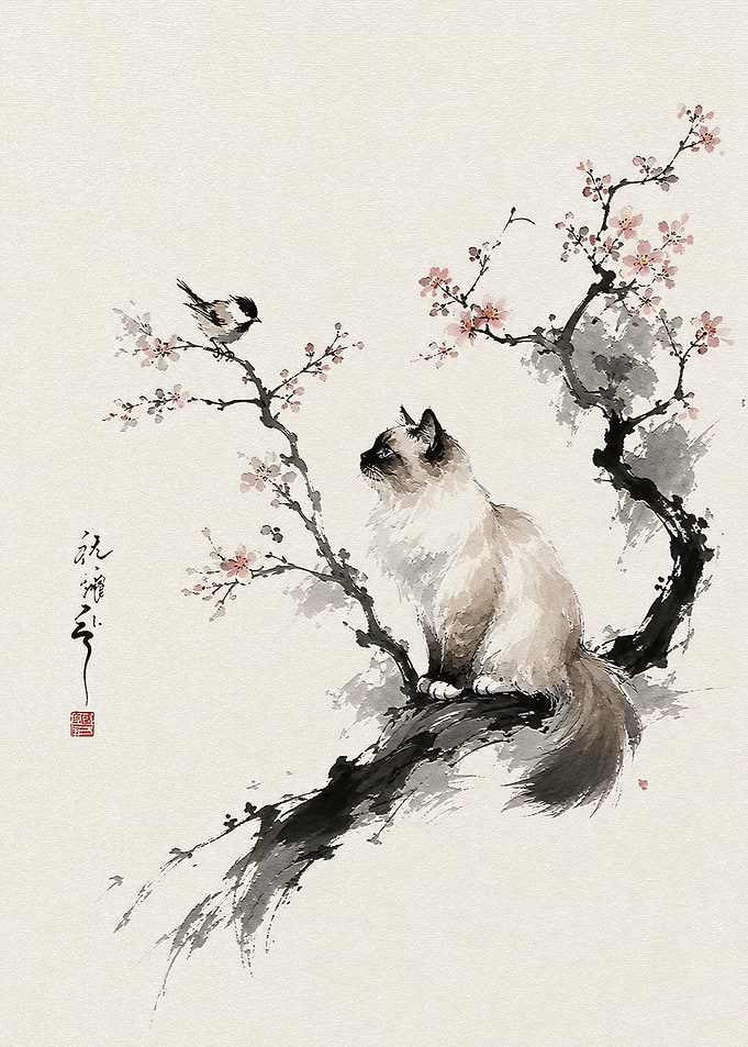Cat and Bird Ink Wash Painting