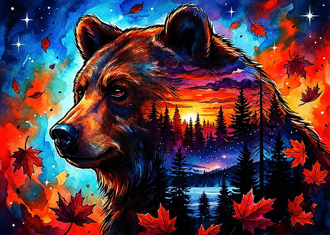 Double Exposure Bear Forest Art