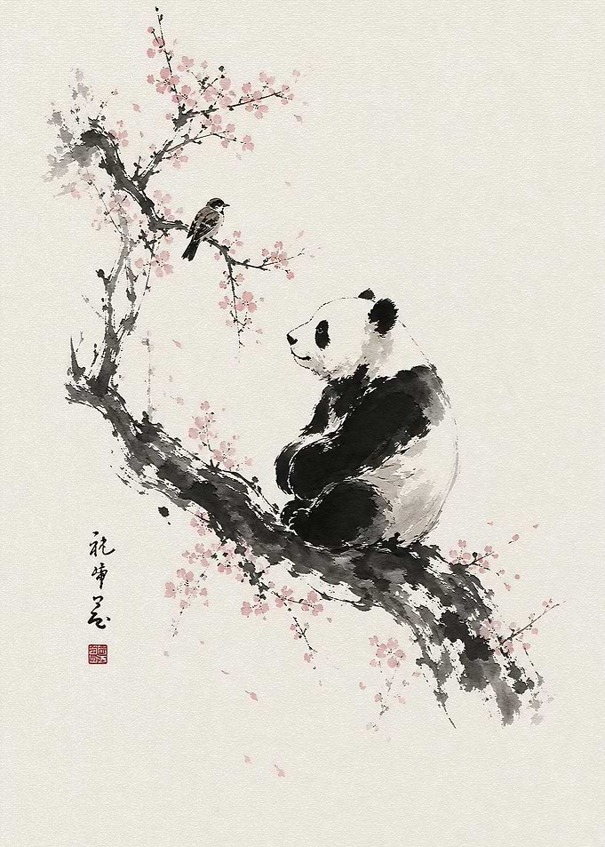 Panda and Bird on Cherry Blossom