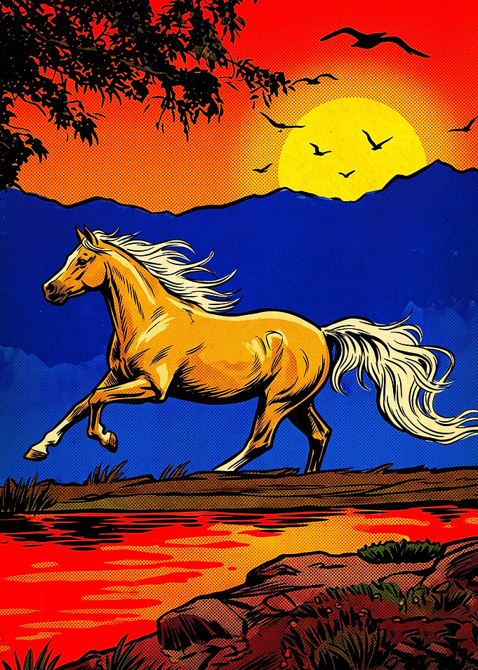 Horse Running Sunset Retro Poster A