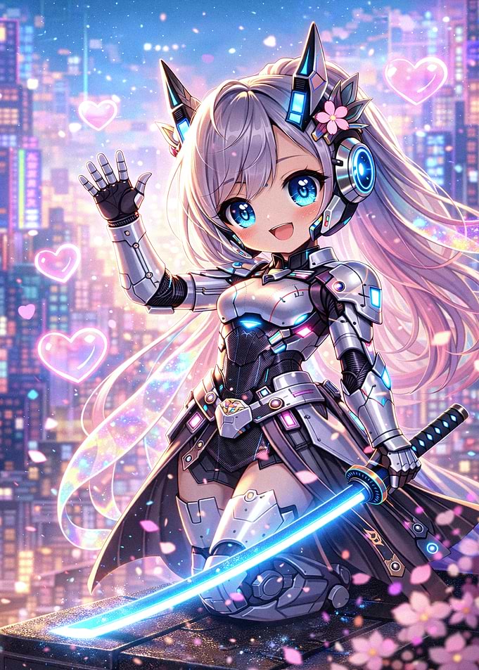 Chibi Cyberpunk Girl with Glowing Sword