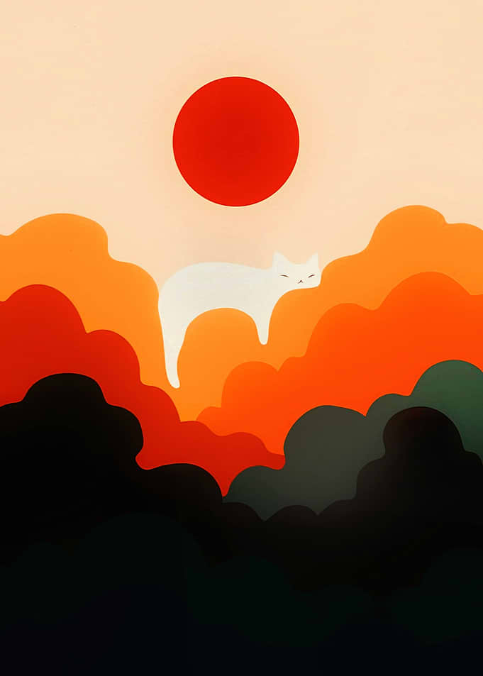 Minimalist Cat Floating Above Clouds