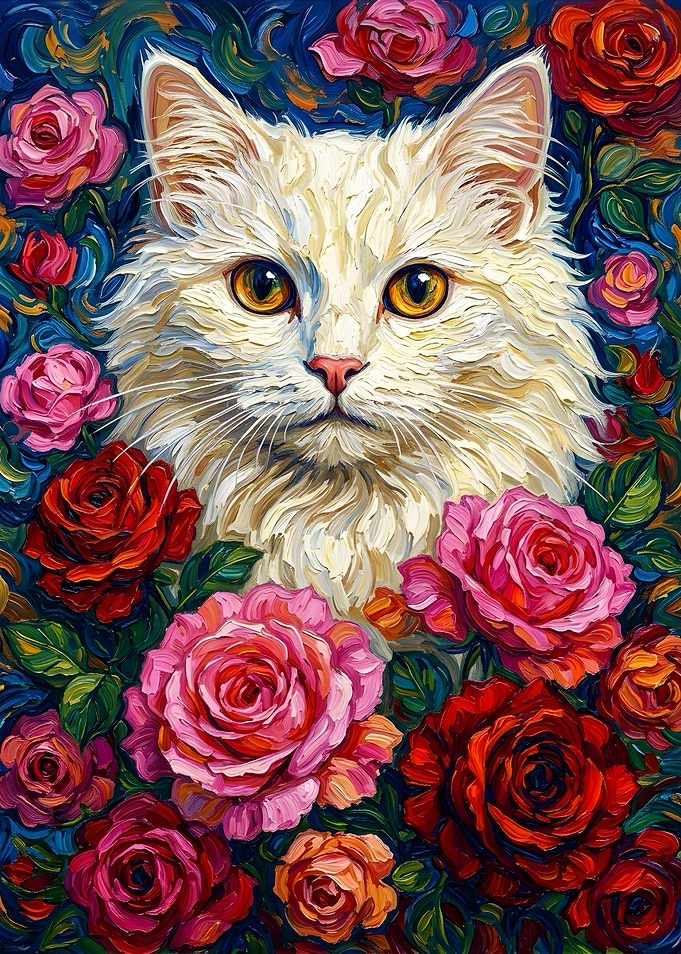White Cat Surrounded by Vibrant Roses