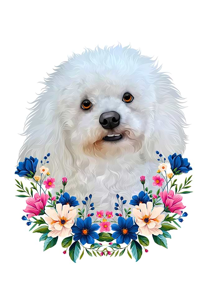 Bichon Frise Portrait with Floral Wreath