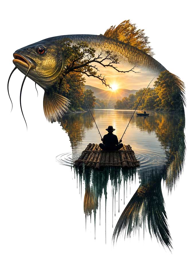 Double Exposure Catfish Fishing Scene Nature