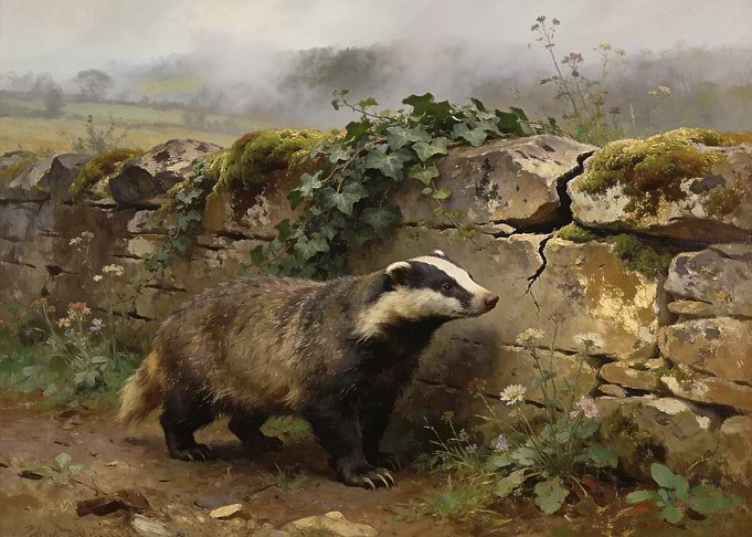 Badger by a Stone Wall