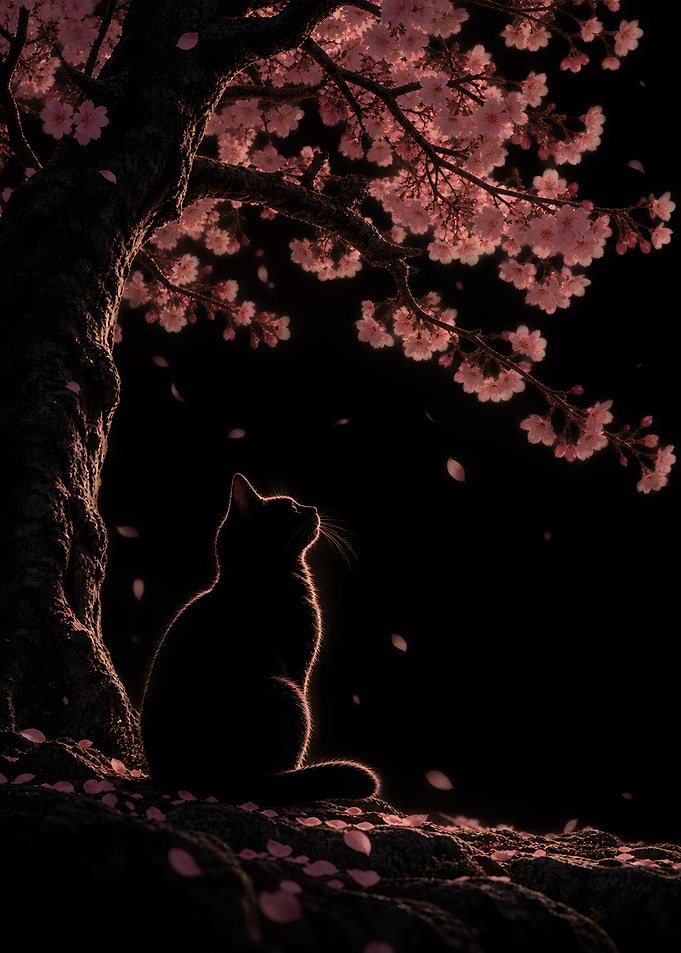 Black Cat Under Cherry Blossom Tree