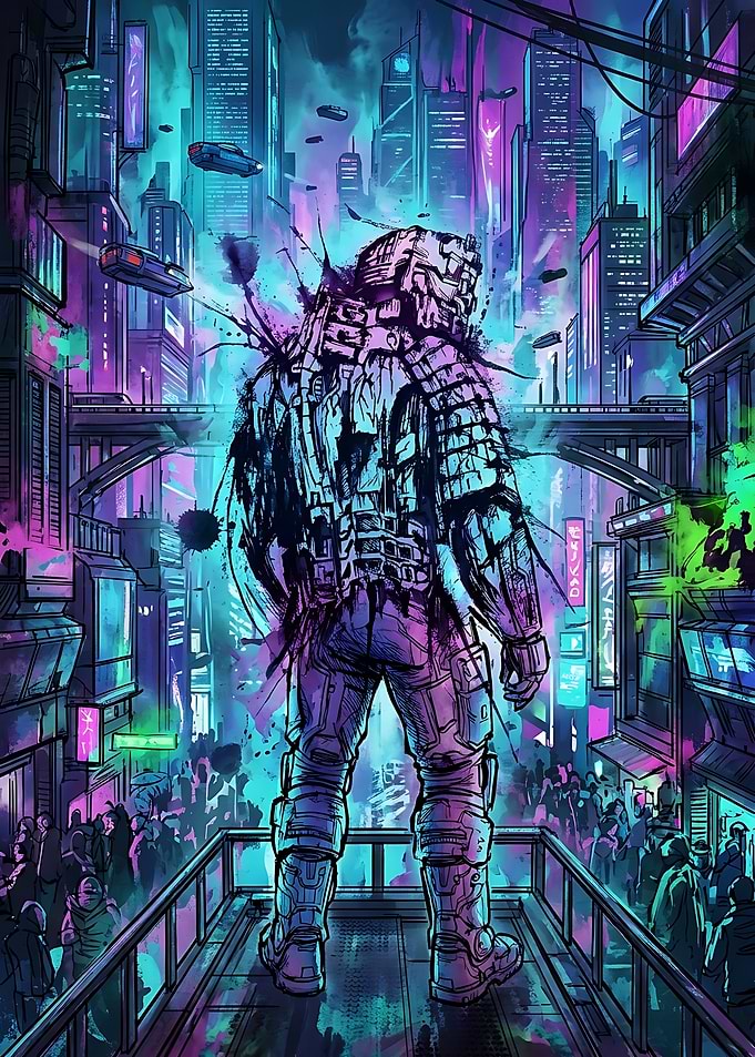 Isaac Clarke in Cyberpunk Cityscape
