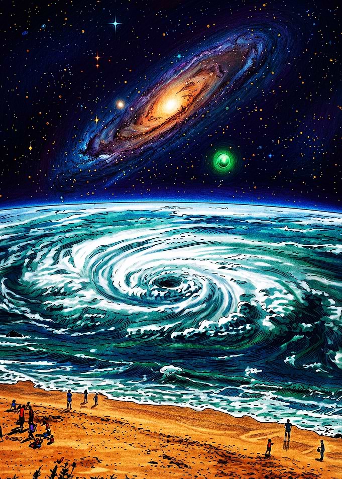 Surreal Cosmic Hurricane Over Beach