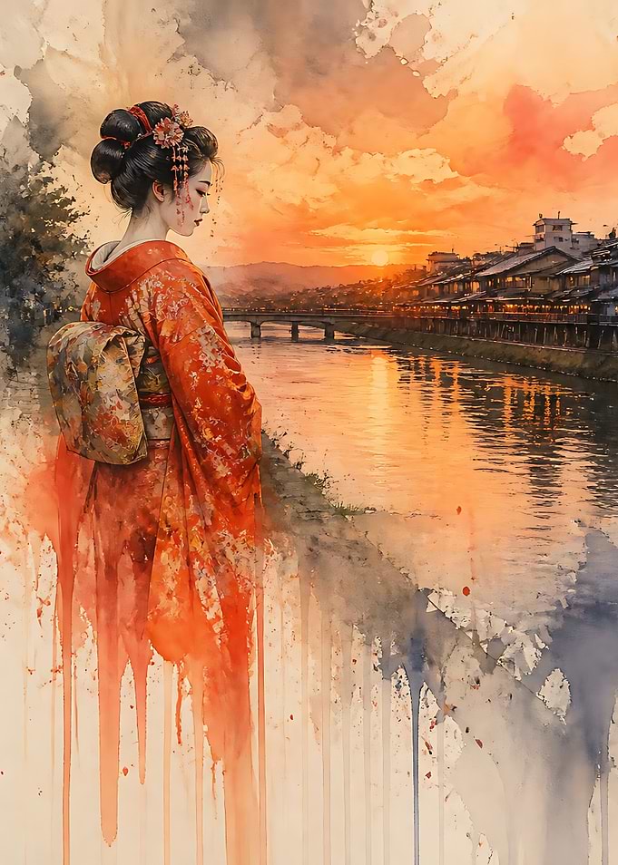 Geisha at Sunset by the River