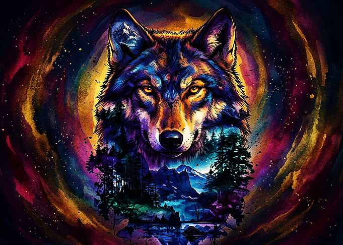 Vibrant Cosmic Wolf Forest Portrait