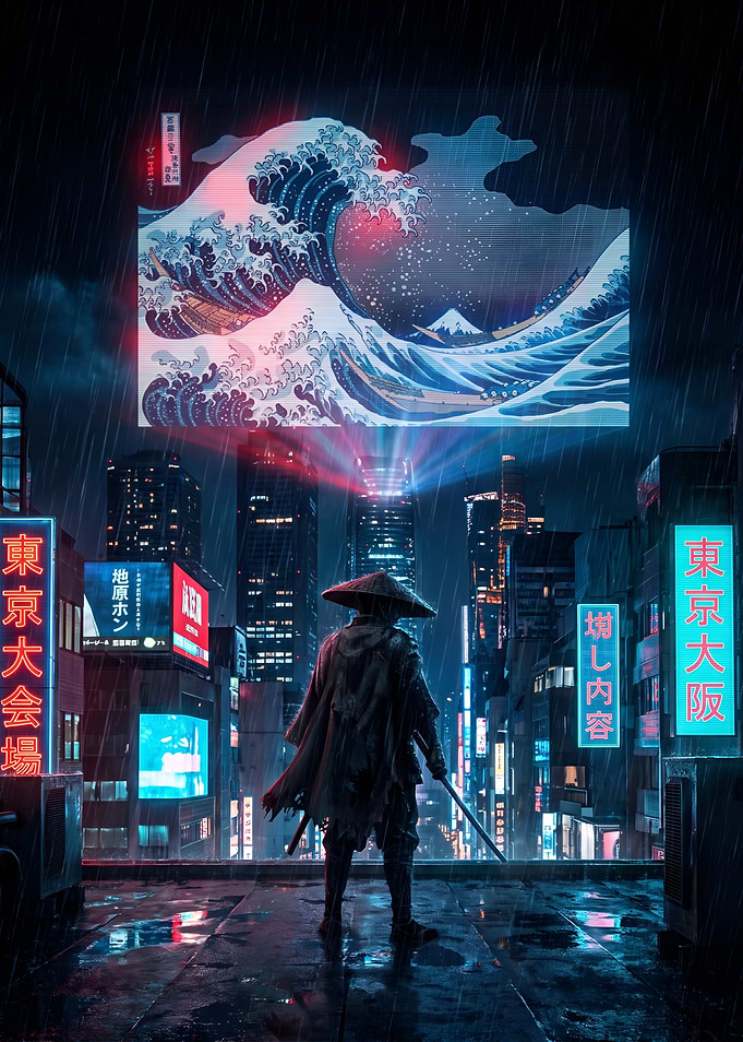 Cyberpunk Samurai Under Great Wave Projection
