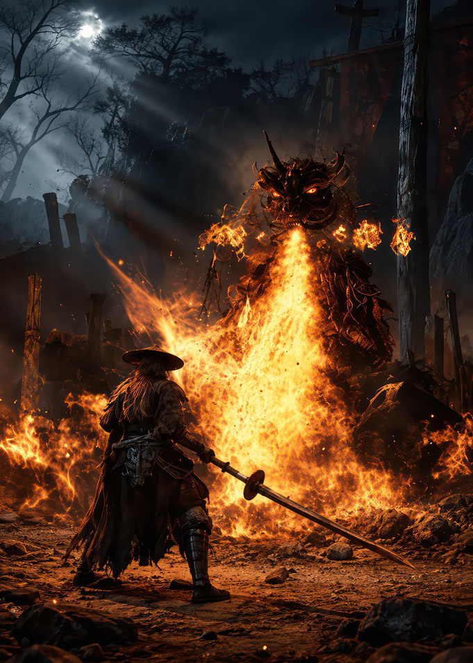 Samurai Warrior Facing Fiery Demon