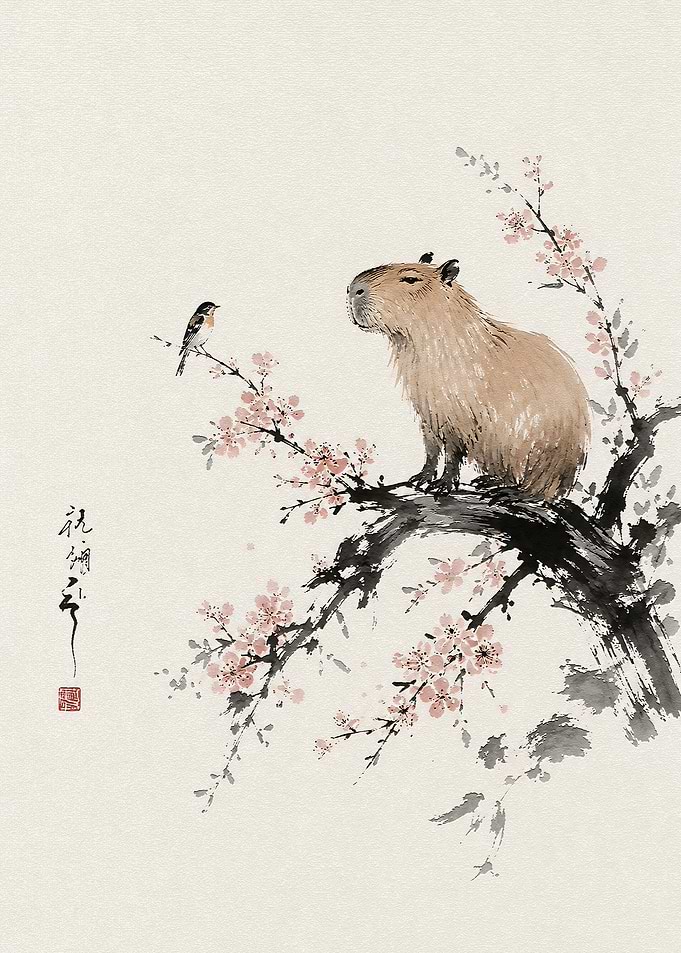 Capybara Perched on Cherry Blossom Branch