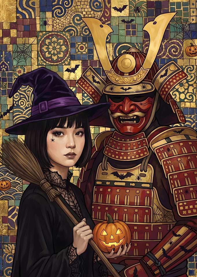 Witch and Samurai Halloween Mosaic Portrait