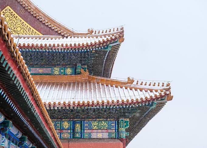Forbidden City Roof in snowfall - Traditional Chinese Architecture in Winter