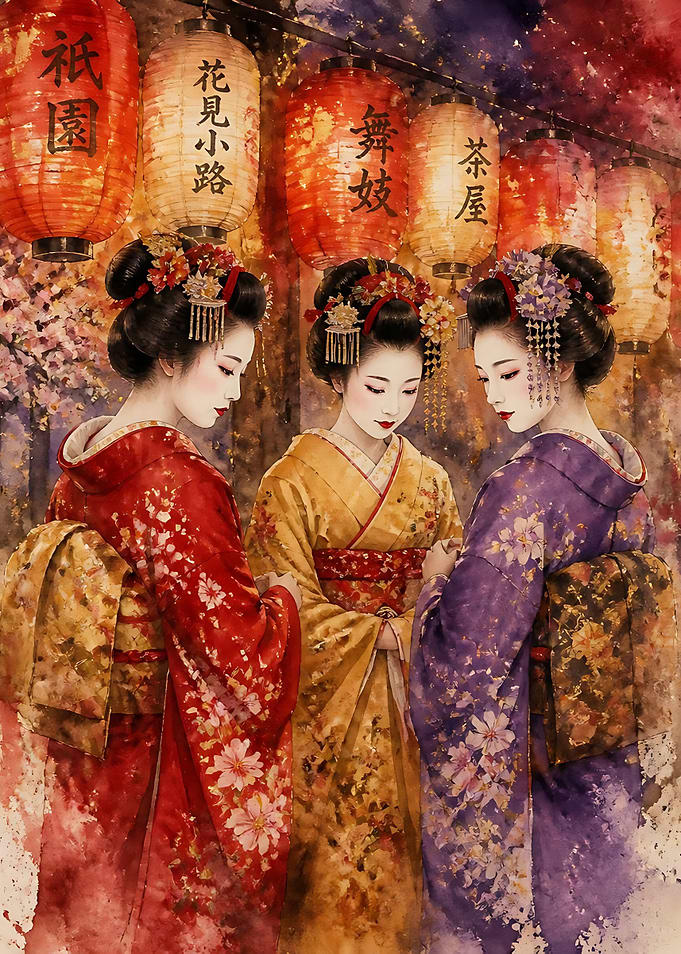Three Geisha Under Lanterns