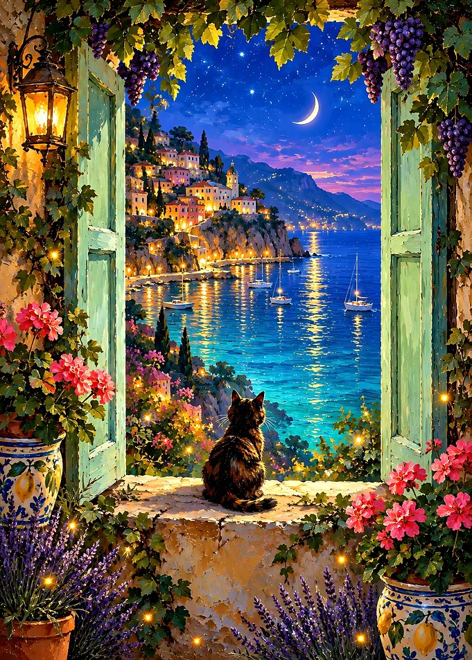 Cat Watching Coastal Sunset from Window