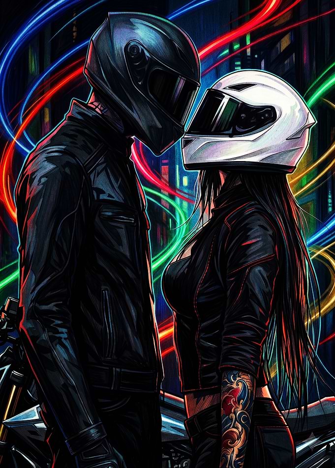 Biker Couple in Neon City