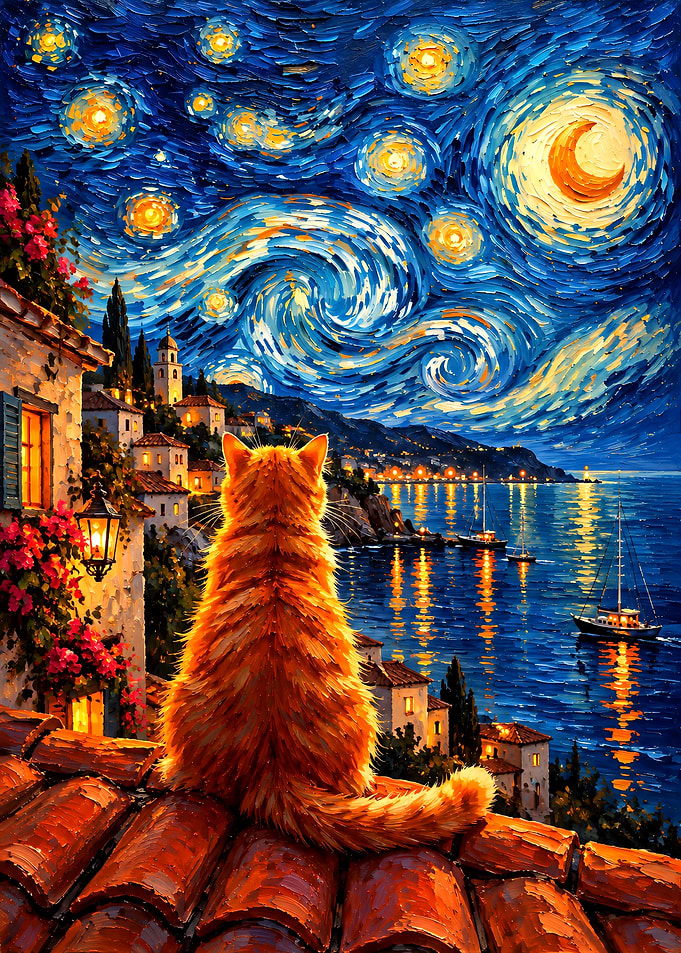 Ginger Cat Watching Starry Night