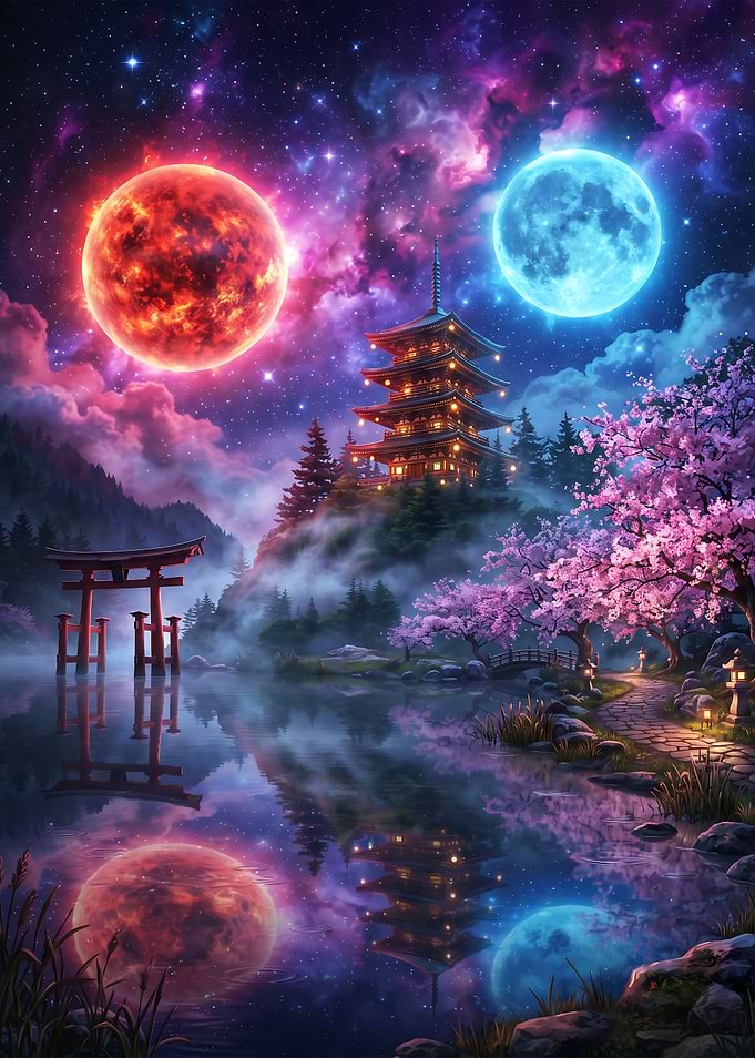 Ethereal Japanese Temple Under Dual Moons