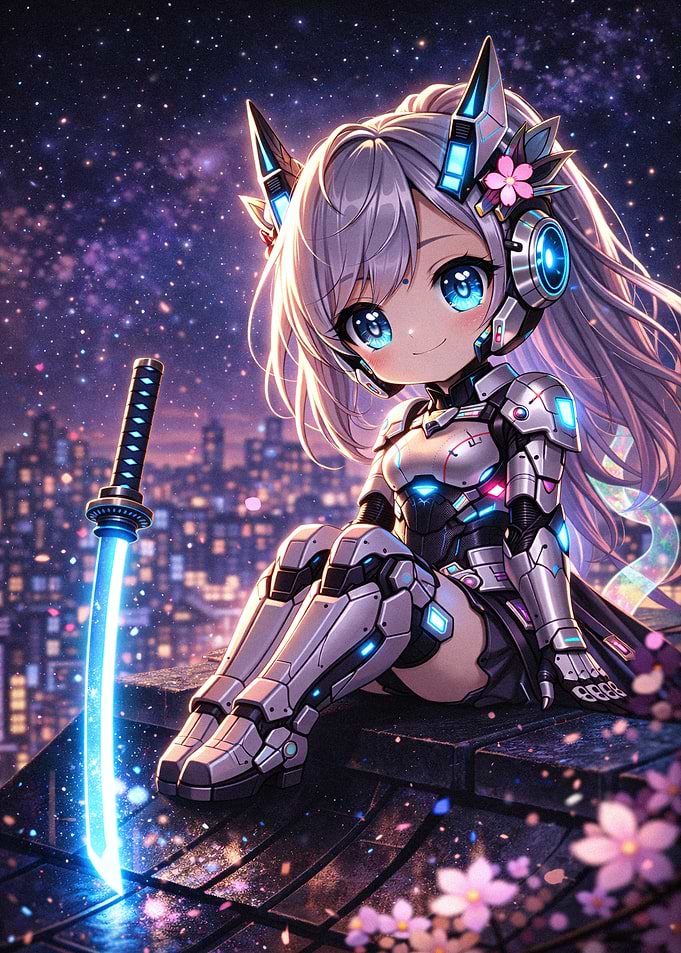 Chibi Cyberpunk Girl with Glowing Katana