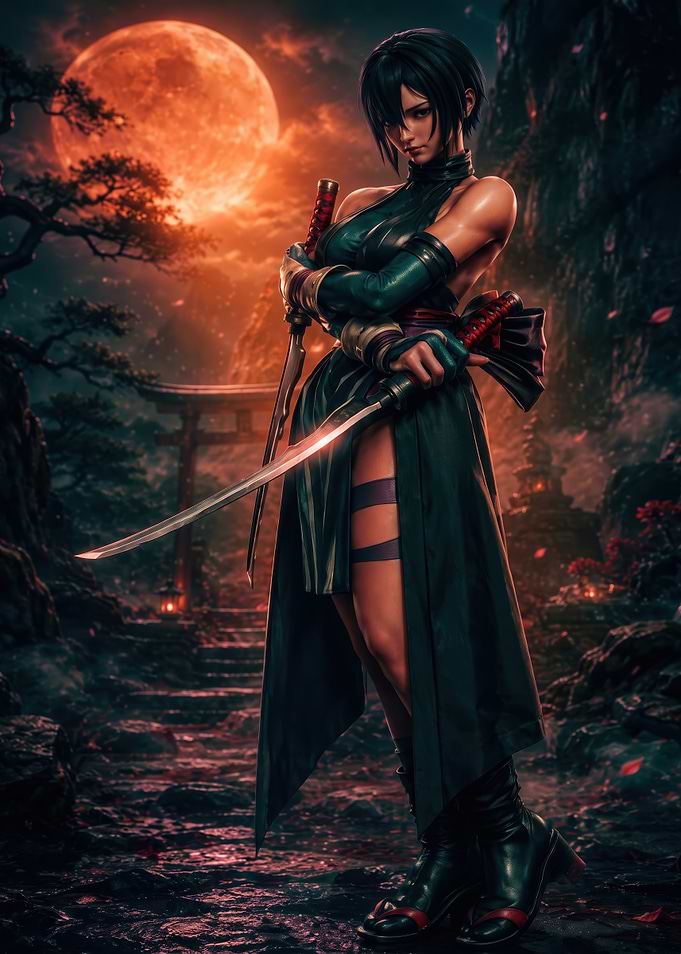 Female Samurai Under Blood Moon