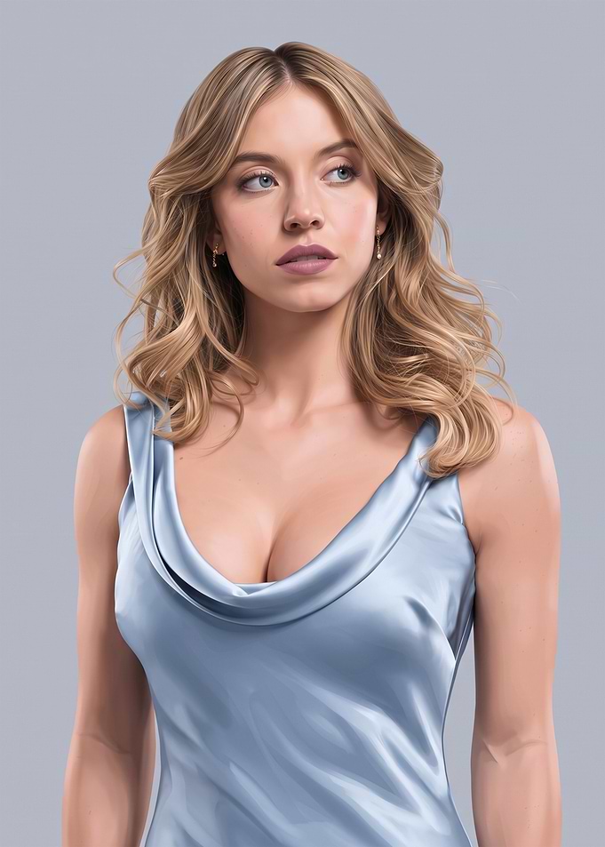 Sydney Sweeney in Blue Satin Dress