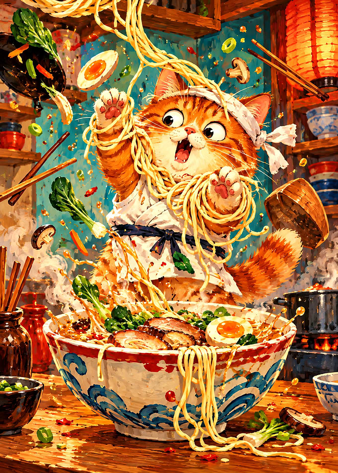 Cute Cat Chef Making Ramen