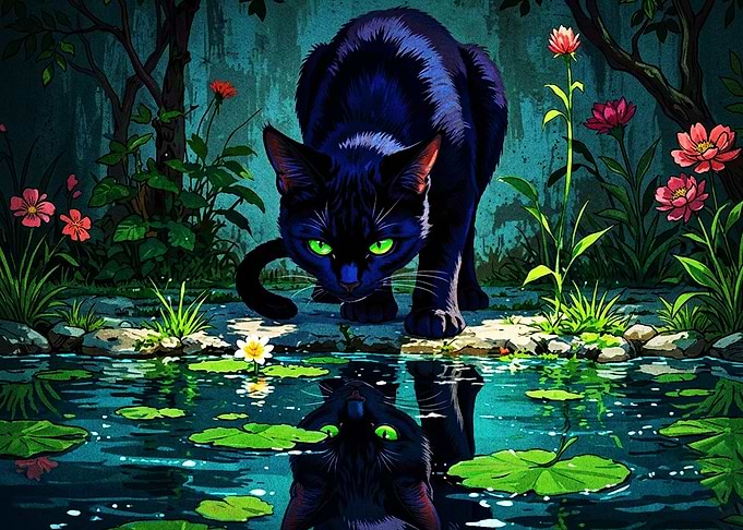 Black Cat Reflecting in Pond