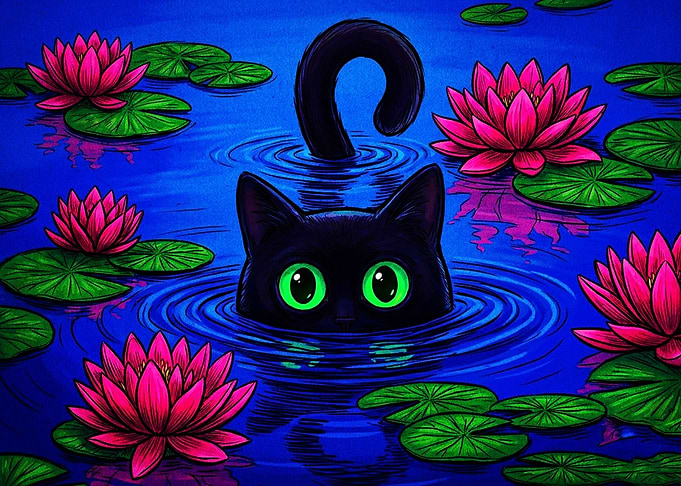 Black Cat in Lotus Pond