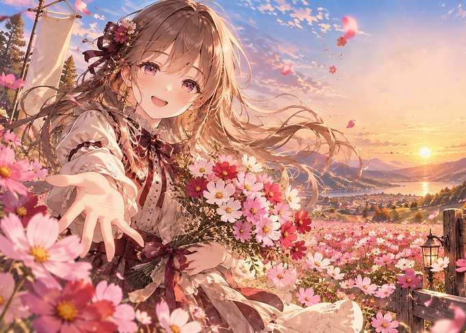 Anime Girl in Cosmos Flower Field