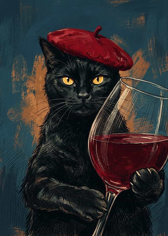 Black Cat Drinking Wine French Beret Cats Painting Style