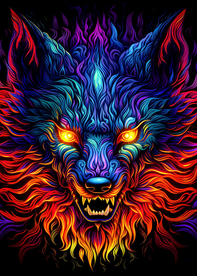 Neon Psychedelic Wolf Portrait