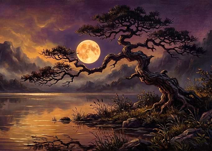 Moonlit Bonsai Tree by the Lake