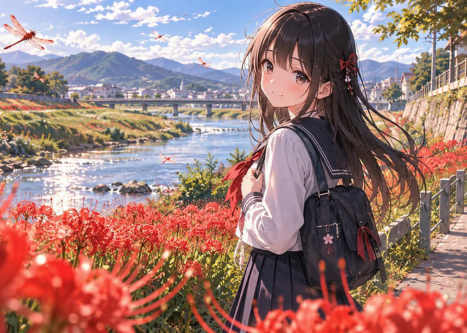 Anime Girl by River and Flowers